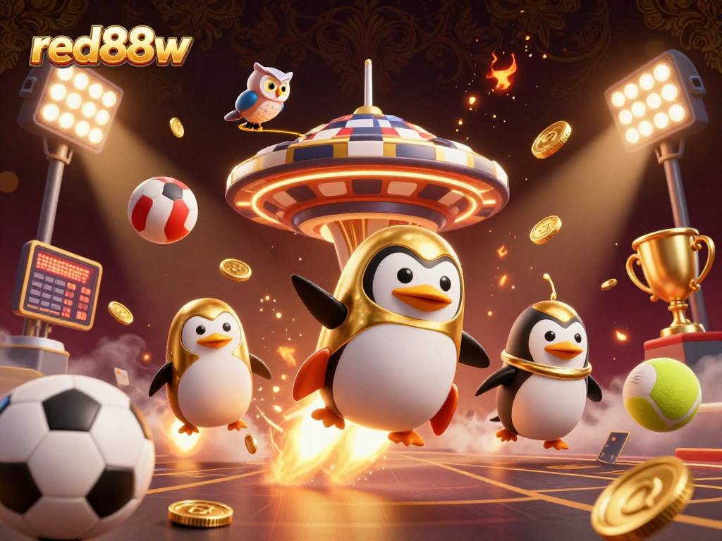 Engage in the thrilling universe of red88w with a golden penguin soaring to a casino space station.