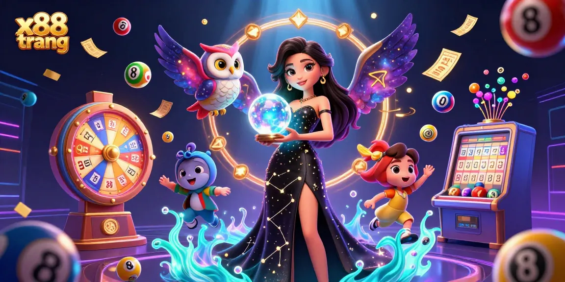 Experience x88 trang with vibrant lottery balls and a magical scene of gaming excitement.