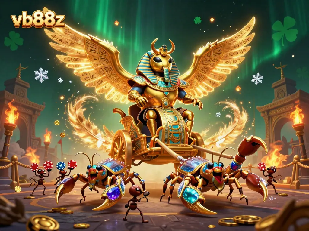 Experience vb88z's thrilling gameplay with a golden scarab, scorpions, and poker chips in action.