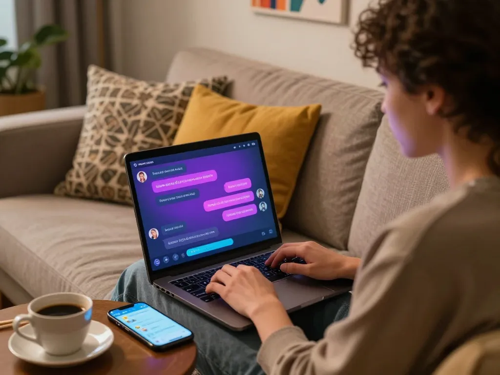 Engaging in sexting AI chat in a cozy living room with digital tools.