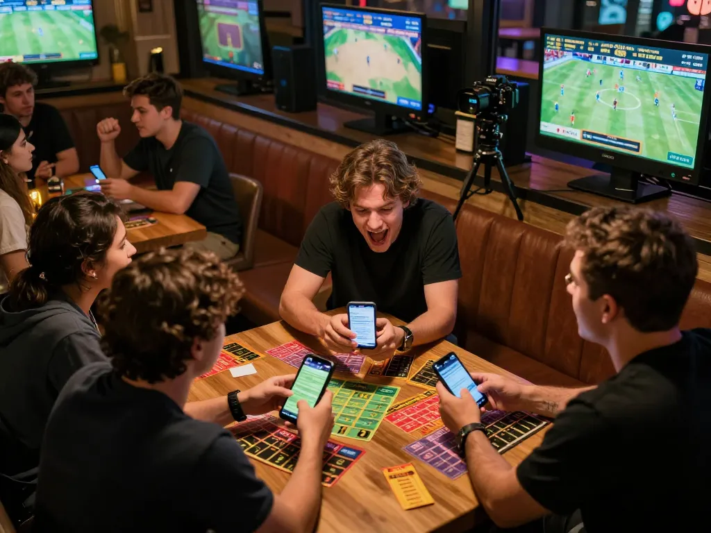 Betting enthusiasts engaging with the AE 888 casino app during an exciting live betting event, showcasing mobile strategies and camaraderie.