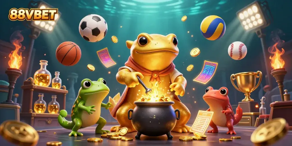88VBET showcases a golden salamander alchemist creating gold coins, surrounded by sports elements.