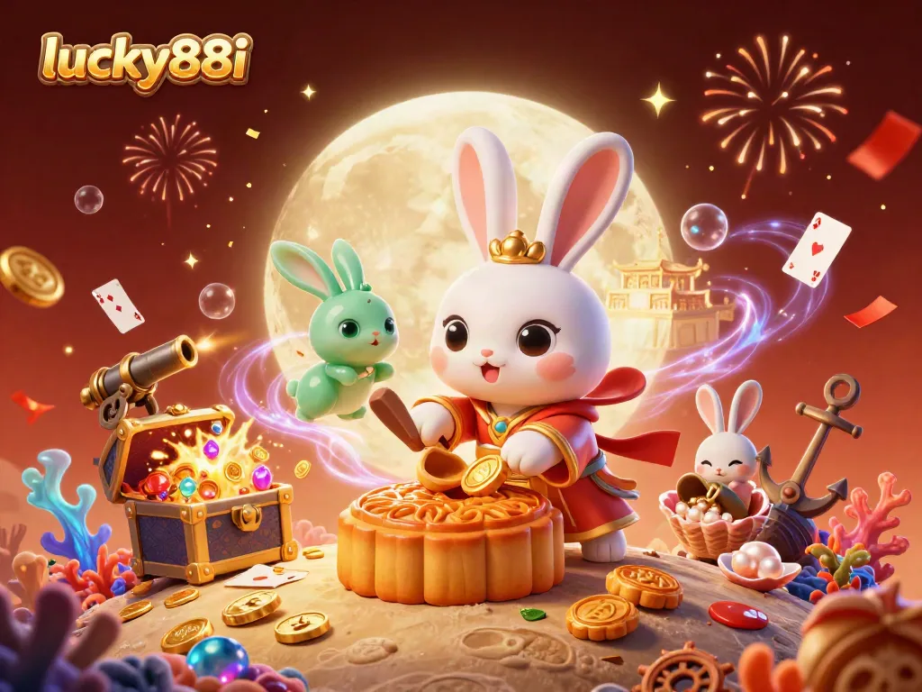 Join the fun at lucky88i with a vivid 3D scene featuring a moon rabbit and games.