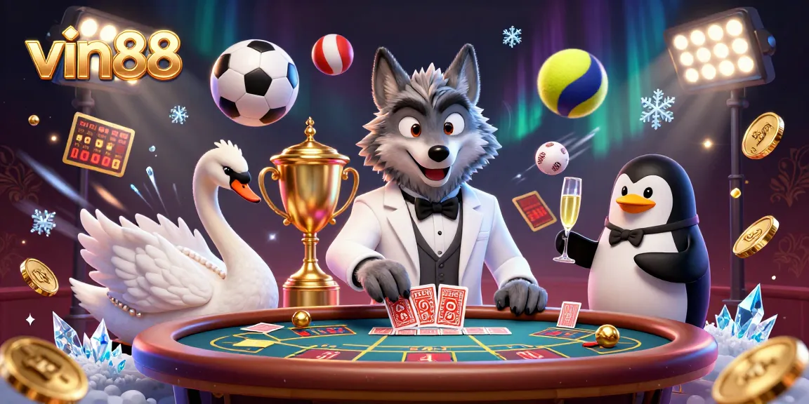 vin88 bets on vibrant action in a lively casino atmosphere featuring a wolf, swan, and penguin
