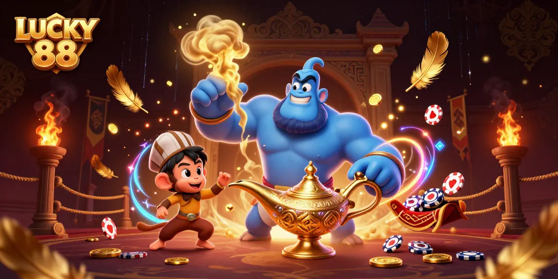 Experience thrilling gameplay with LUCKY 88 as a genie emerges, sharing poker chips and excitement!