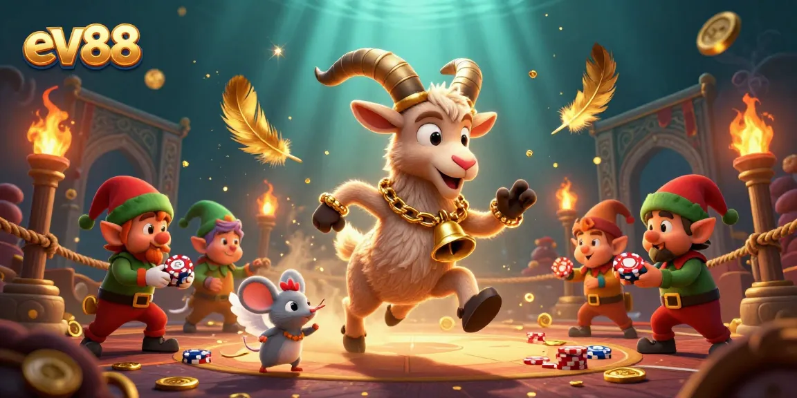 Win big at ev88 casino with a chaotic holiday scene featuring gremlins and a Krampus goat.