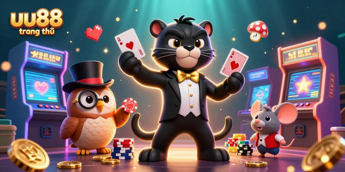 Experience uu88 trang chủ with a stylish panther dealer, an owl with poker chips, and a lucky mouse, all in a vibrant casino scene.