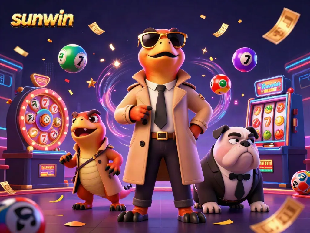 Experience the excitement of sunwin casino as three raptors in disguise try to enter a VIP lounge amidst vibrant gaming elements.