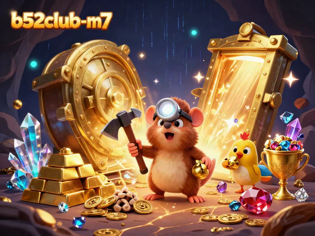 Experience the excitement of b52club-m7 with a cartoon treasure hunter mining gems and gold.