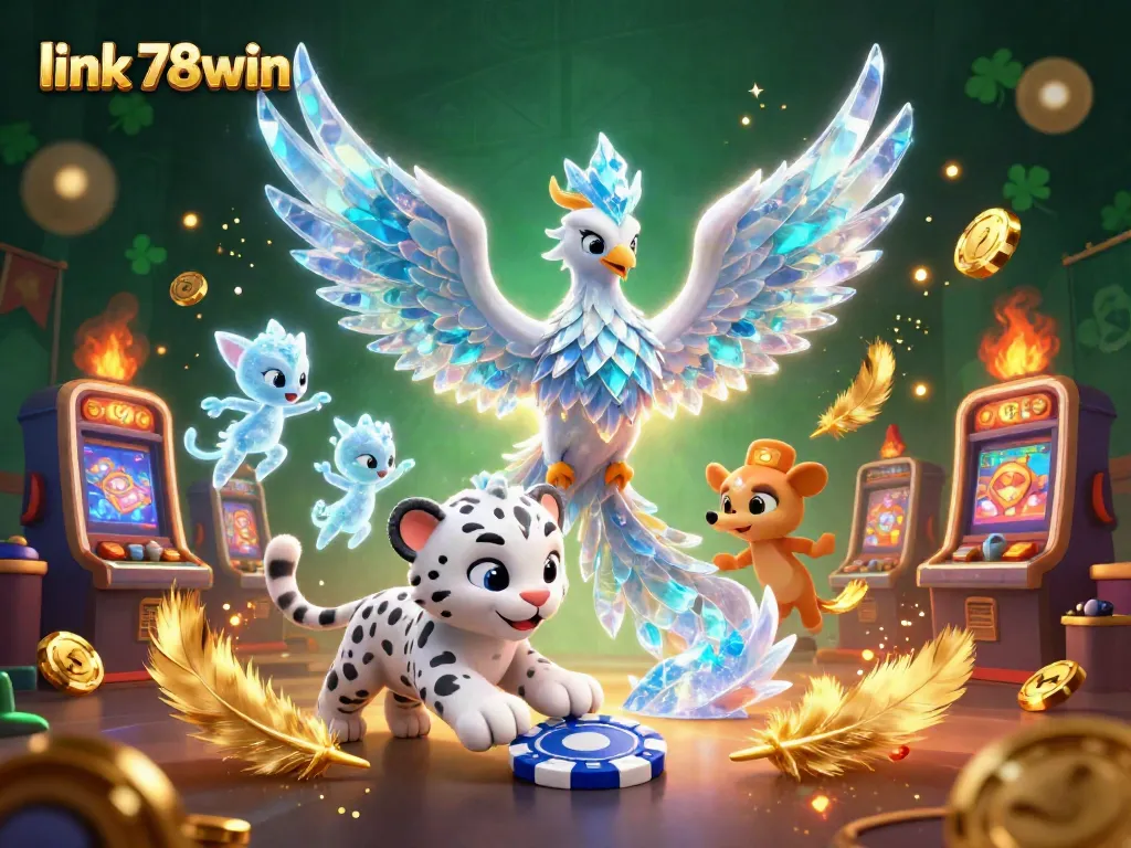 Engage with link 78win in a vibrant online casino illustration showcasing an ice phoenix and playful characters.