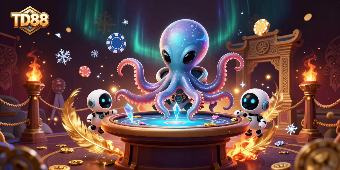 Engage in exciting gambling with TD88's alien octopus and robot at the holographic poker table.
