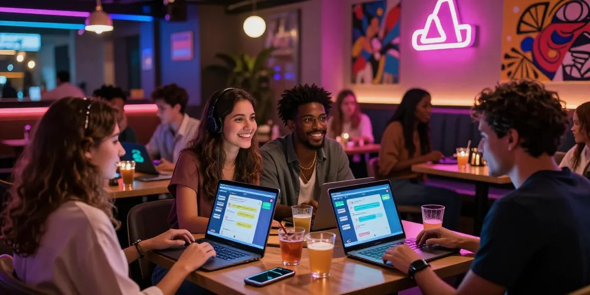 Engaging with an NSFW chat bot in a vibrant urban lounge setting with neon lights.
