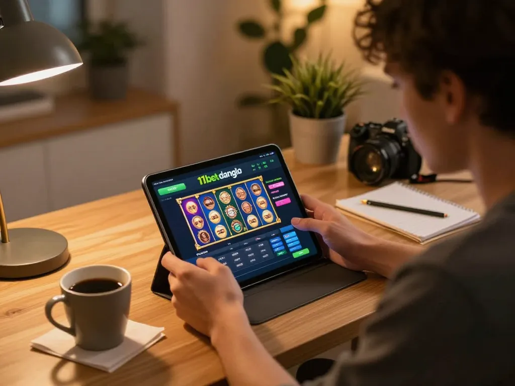 Engaging online gaming moment with 11bet đăng nhập on tablet in a cozy home environment.