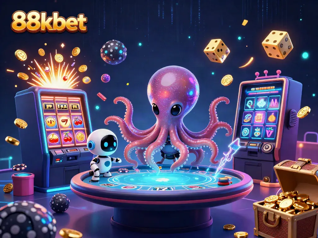 Experience thrilling gameplay at 88kbet with a dynamic alien octopus running a holographic poker table in a vibrant casino scene.