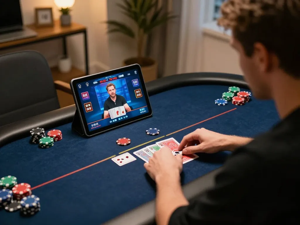 Playing poker online on 98win9 with intense focus on the tablet screen during a live dealer game