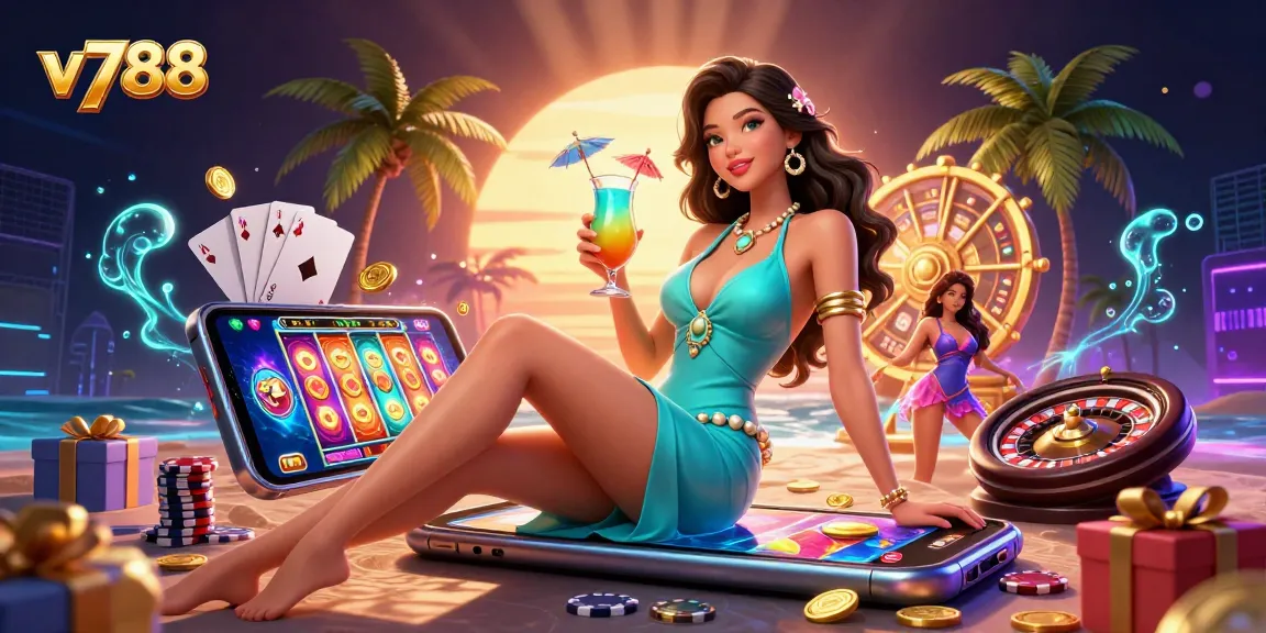 Experience excitement with v788 at a stunning beach casino resort illustrated scene.