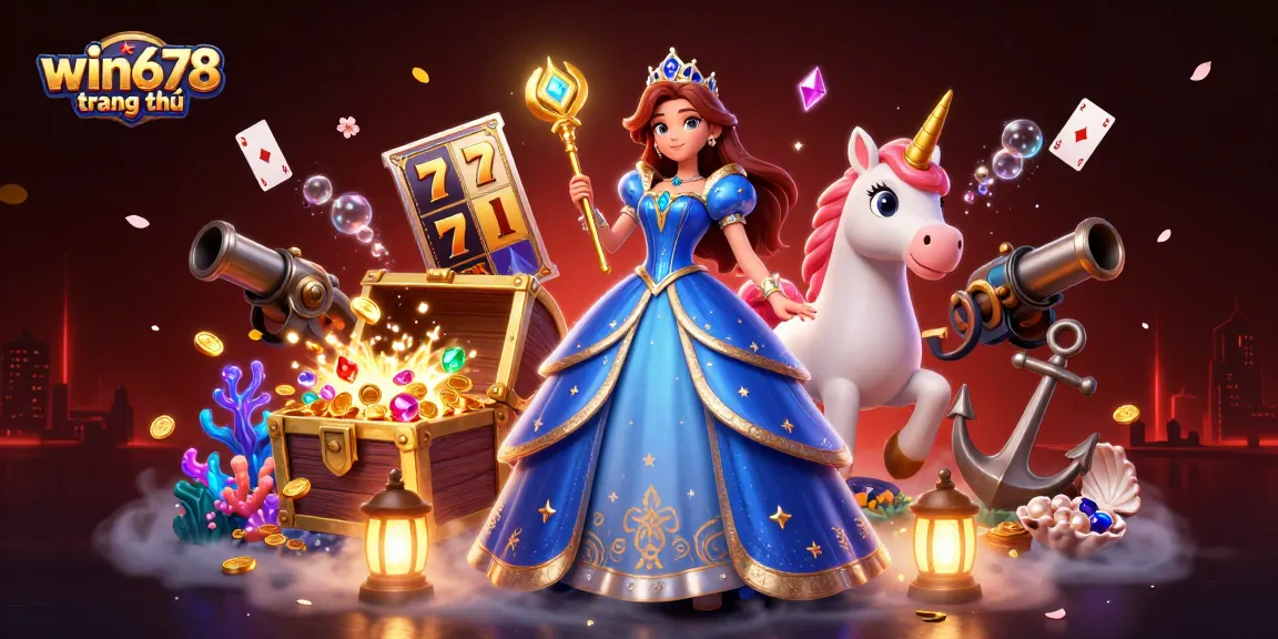 Experience win678 trang chủ with a vibrant 3D scene depicting casino excitement, including dynamic slot elements and treasures.