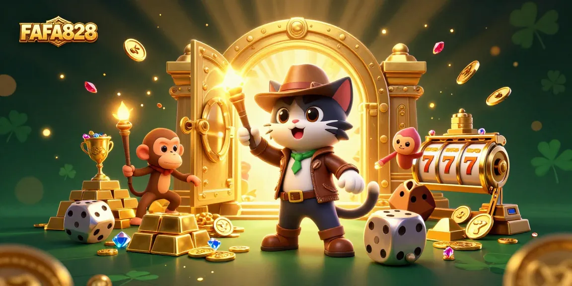 FAFA828 showcases a gambling cat adventurer in a gold-filled temple, capturing jackpot excitement.