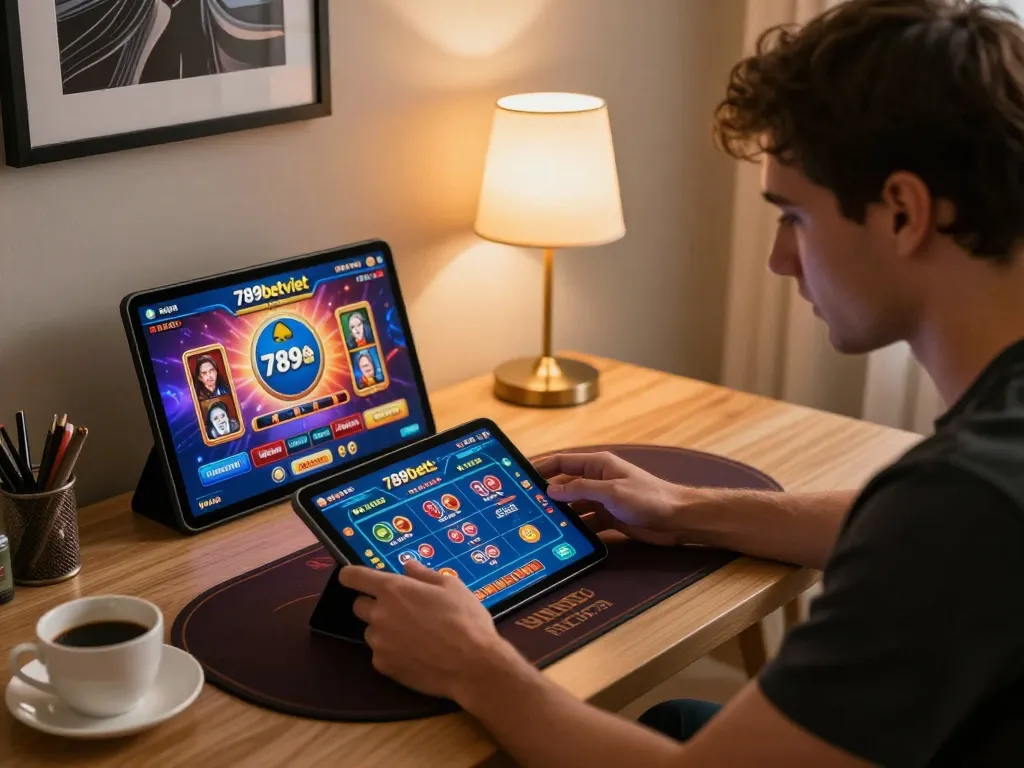 Player engaging with 789betviet's online casino platform while focused on strategic gameplay at home.