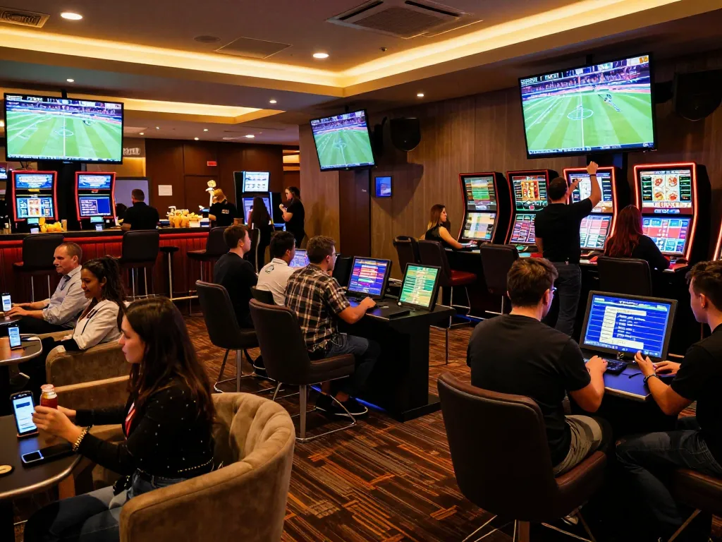 Excited bettors engaging with kèo nhà cái hôm nay in an upscale sports betting lounge.