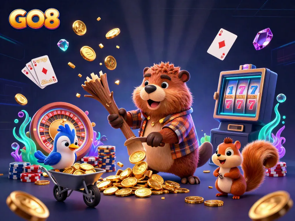Experience winning moments at GO8 with a lively 3D scene of characters collecting coins and treasures.