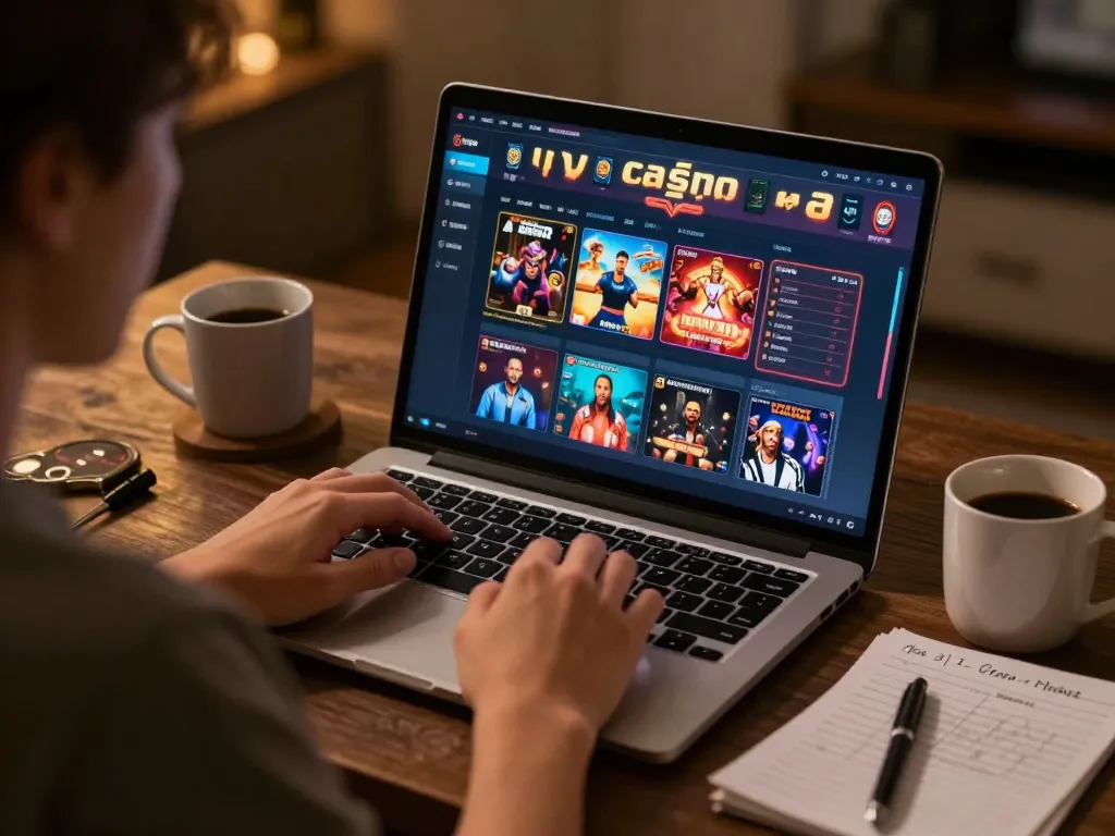 Engagerad spelare utforskar nya casino utan svensk licens på en laptop i en mysig hemmamiljö.