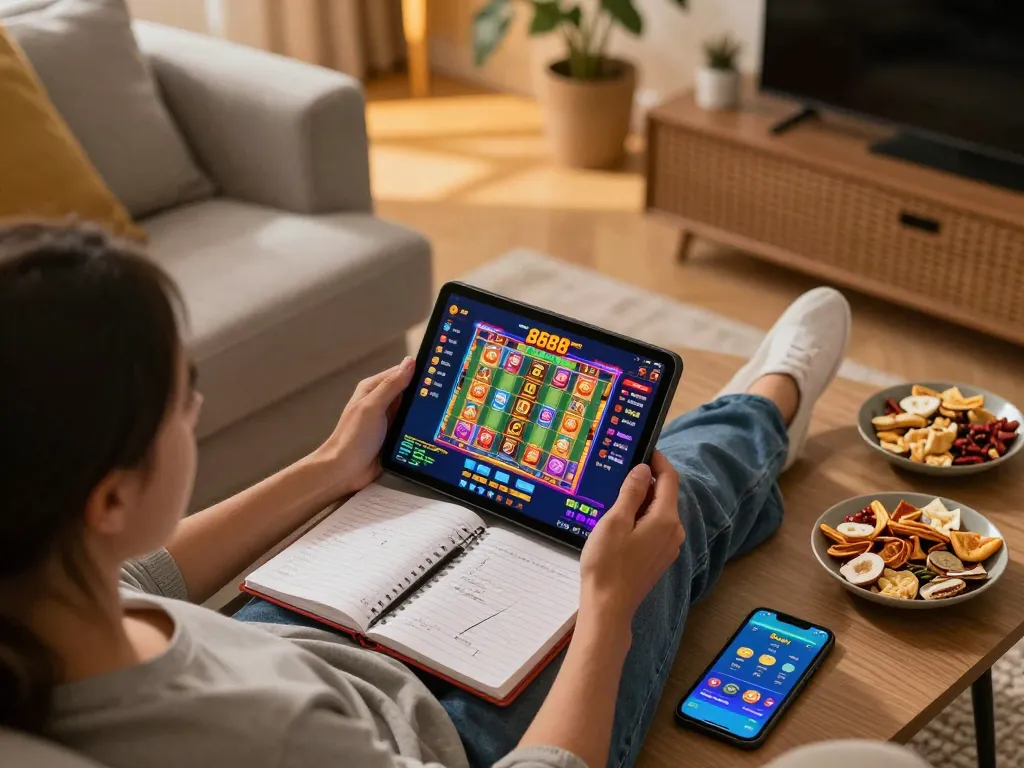 Engaging with 888slot game on a tablet at home, showcasing a cozy gaming atmosphere with strategy notes.