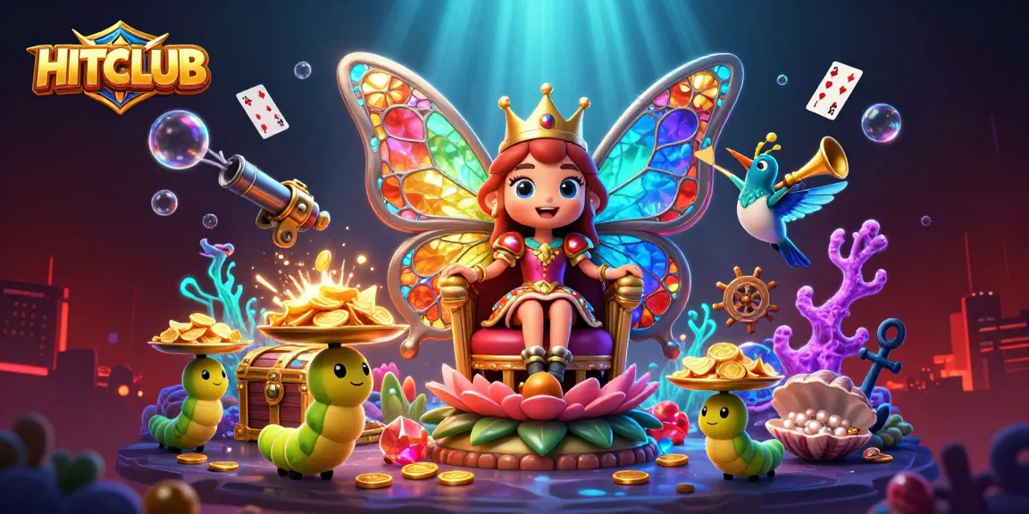 Experience the magic of HITCLUB with vibrant casino gameplay illustrations featuring a butterfly queen and treasures.