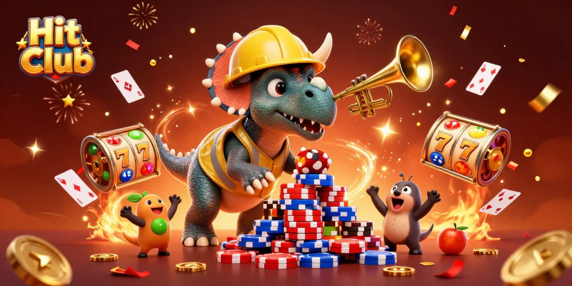 Hit Club celebrates with a dynamic 3D scene showcasing a triceratops and parasaurolophus among festive gambling elements.