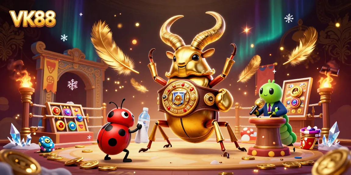 Engage with VK88 in a vibrant casino showdown featuring a giant stag beetle and ladybug.