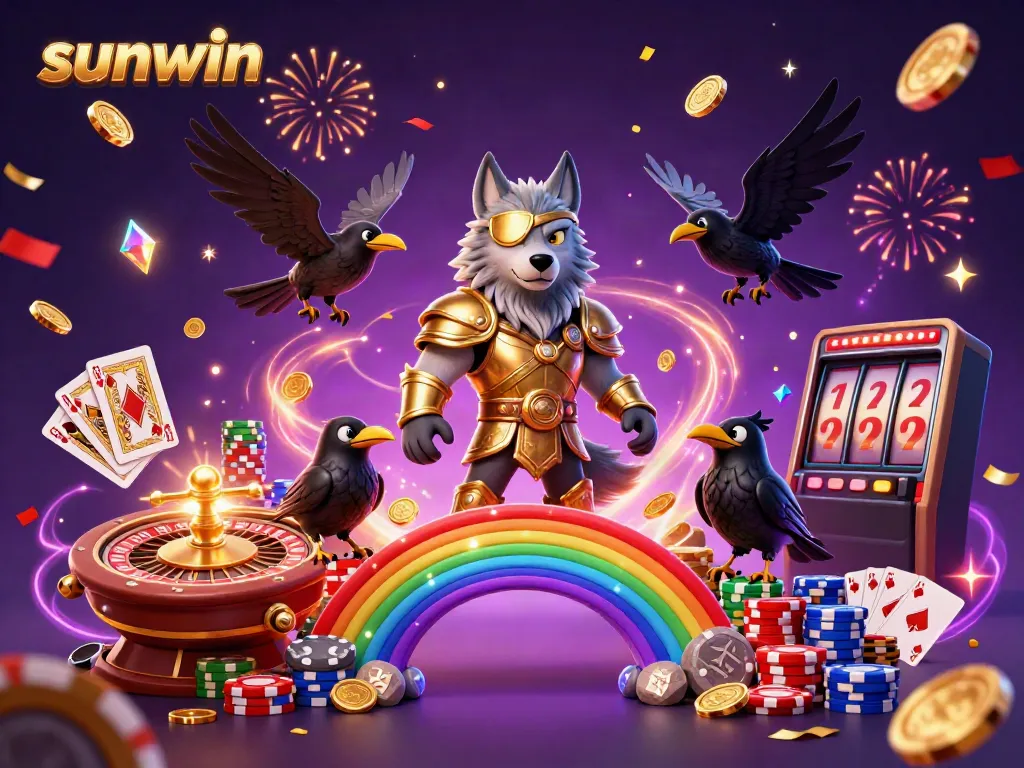 Experience sunwin with a stunning casino scene featuring Odin the wolf and ravens amidst vibrant gaming elements.