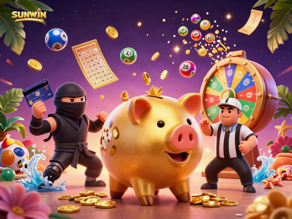 SUNWIN-themed illustration showcasing a winning moment with vibrant lottery balls and golden coins, enhancing the gaming experience.