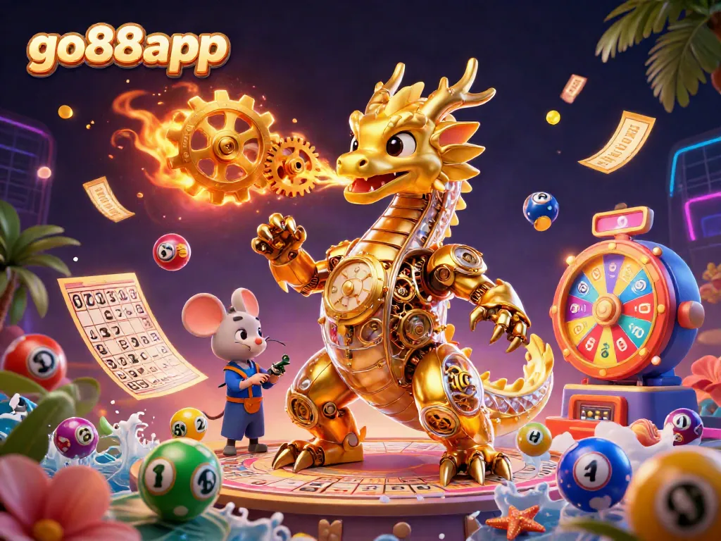 Experience the excitement of go88app with a stunning 3D illustration featuring a golden dragon and dynamic casino elements.