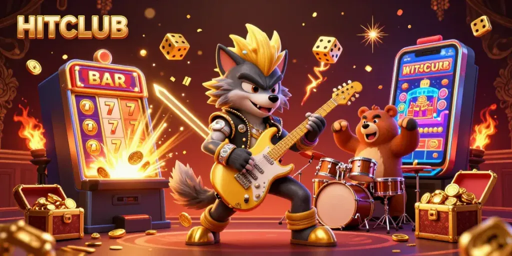 HITCLUB showcases casino excitement with cartoon rock star and treasure-filled scene.