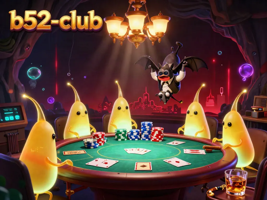 Players enjoying thrilling games at b52-club, illuminated by vibrant glowworms in a lively casino scene.