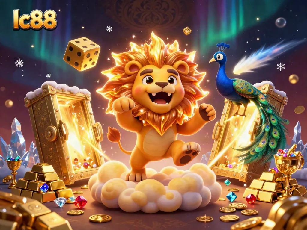 Experience the vibrant world of lc88 with a spectacular casino-themed illustration featuring a roaring sun lion and dazzling treasures.