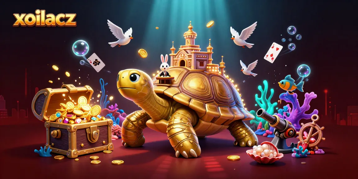 Play games and win at xoilacz with vibrant cartoon illustration of a casino on a tortoise's shell.