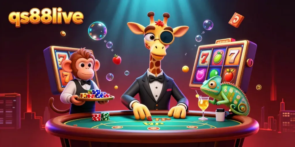 Experience excitement at qs88live with a high-roller giraffe, monkey valet, and chameleon bartender in a vibrant casino scene.