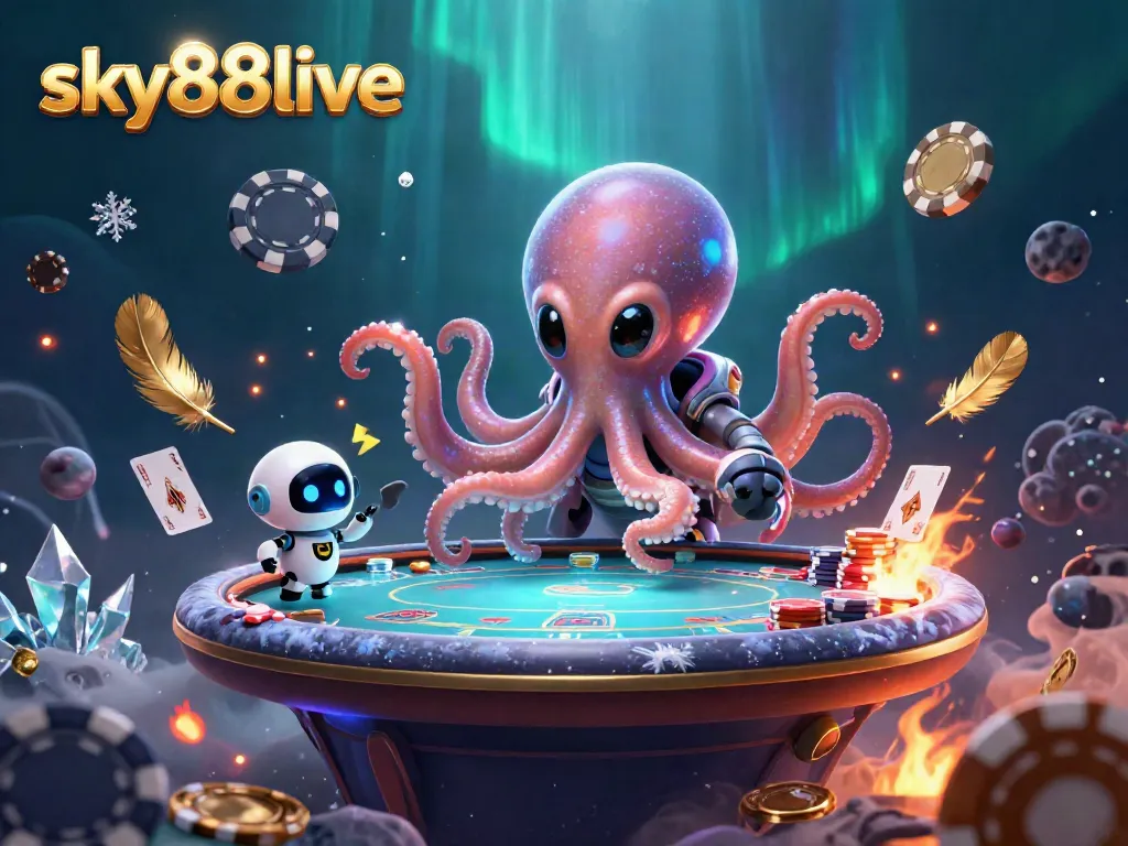 Engage in thrilling poker at sky88live with a vibrant alien octopus and dynamic cosmic elements.
