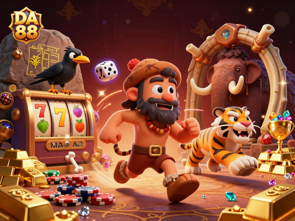 Play and win at DA 88 with a lively prehistoric casino scene featuring unique gaming elements.
