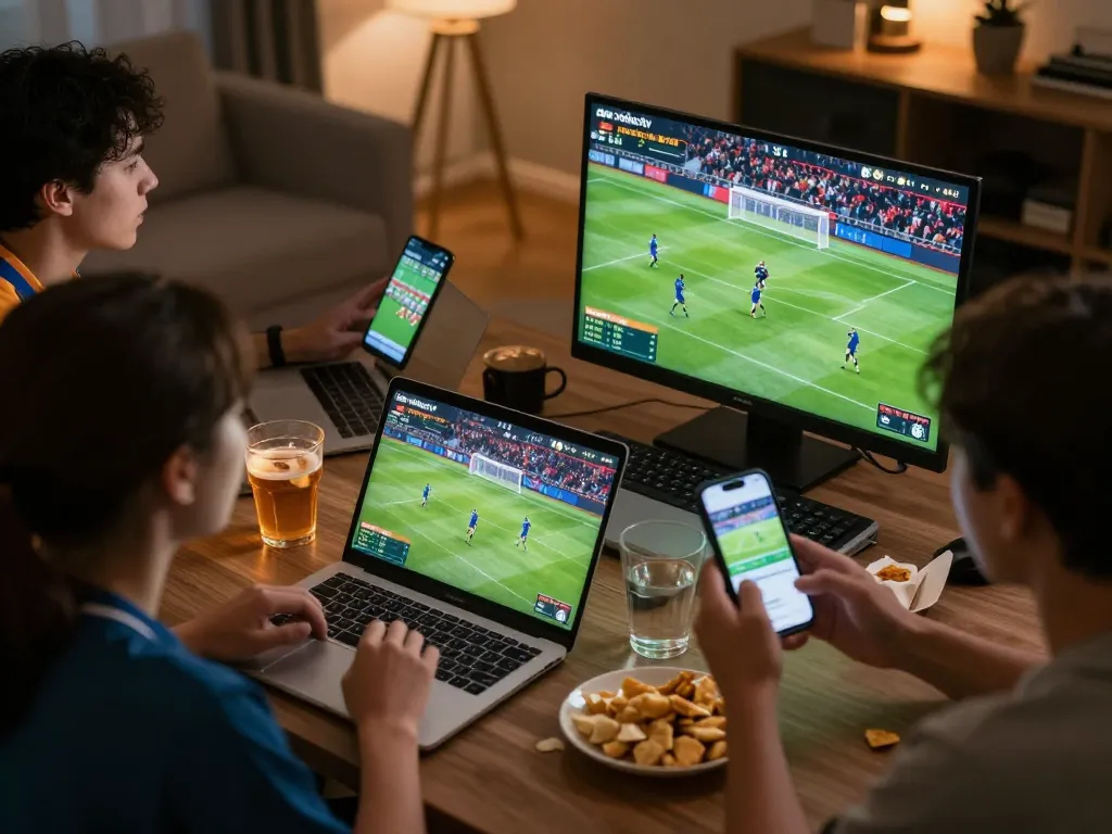 Xoilactv sports fans cheering during a live football match stream on multiple devices.