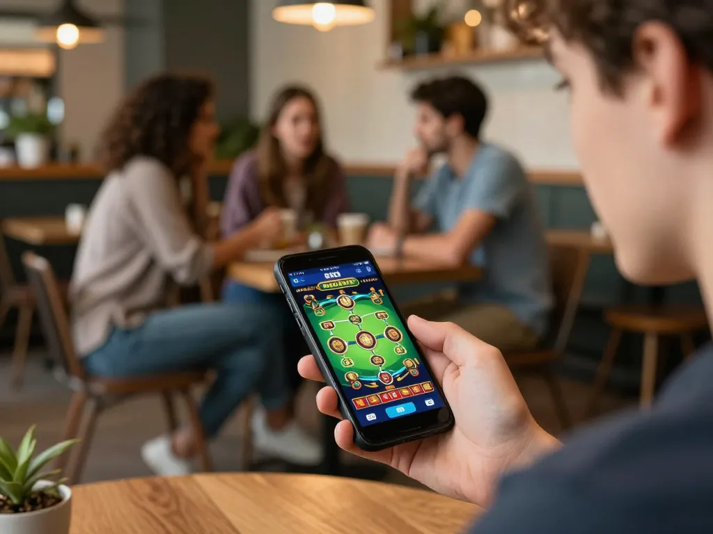 Engaged player exploring rr88 online casino app on smartphone while relaxing at a café