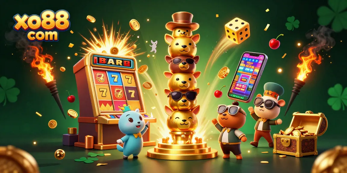 Spin jackpots at xo88 com with a vibrant 3D casino themed illustration showcasing slots, dice, and more.
