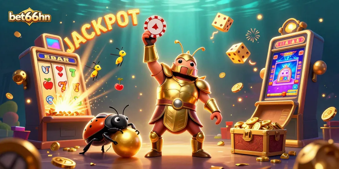 Celebrate winning at bet66hn with a vibrant 3D jackpot scene featuring heroic beetles and dynamic casino elements.
