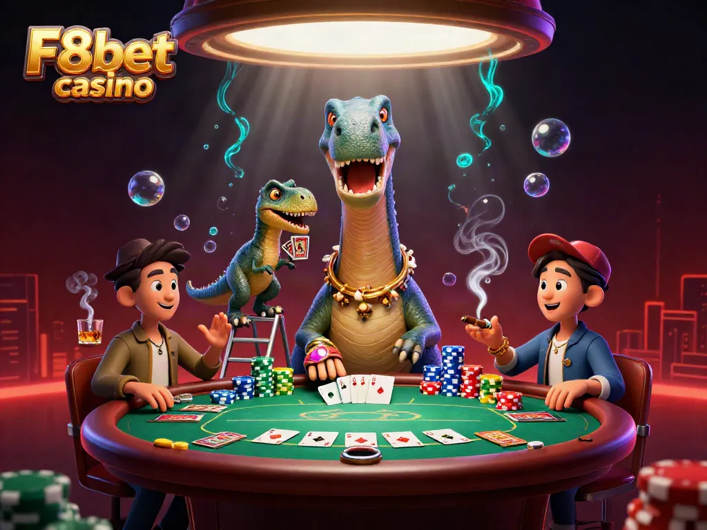 Play poker with F8bet casino's mischievous dinosaur characters at a vibrant 3D card table.