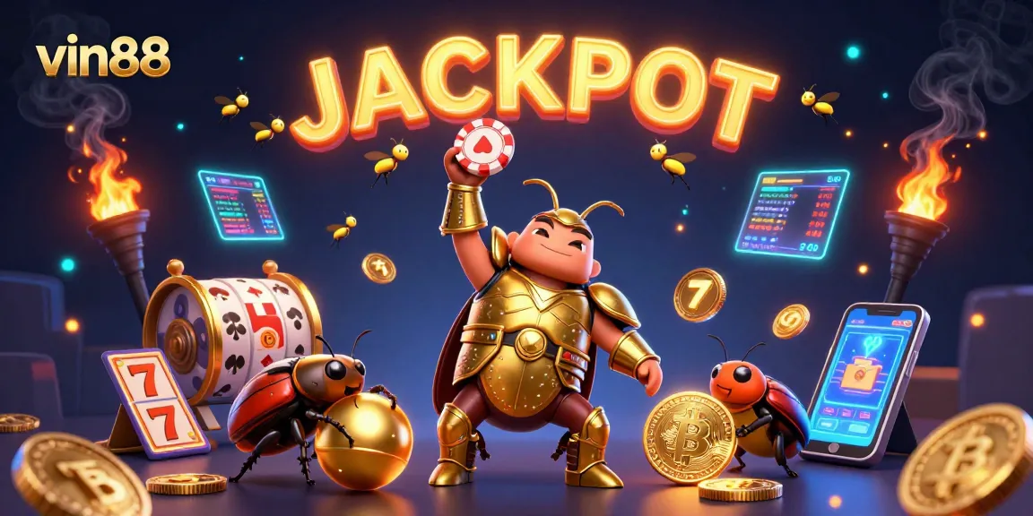 Spin to win big with vin88 as a golden-armored beetle claims victory at the poker table.