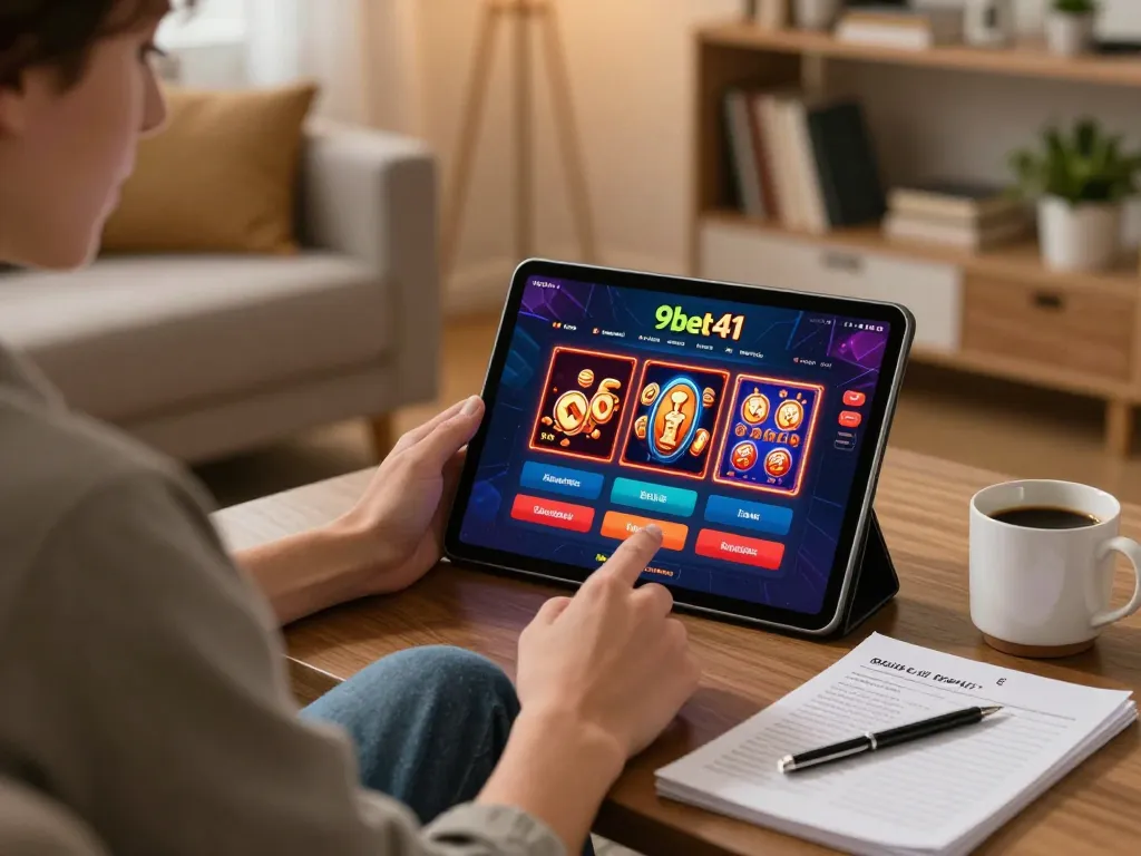 Engaging player enjoying 9bet41 online casino games on tablet with cozy ambiance.