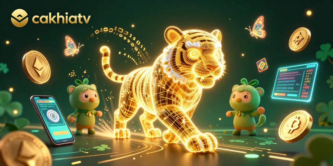 Watch cakhiatv's golden tiger navigate through a vibrant digital casino filled with shimmering crypto coins.