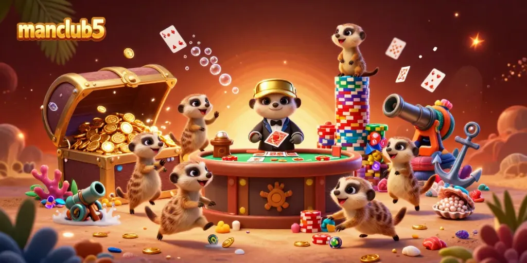 Experience exciting gameplay in the manclub5 casino with meerkats handling chips and cards.