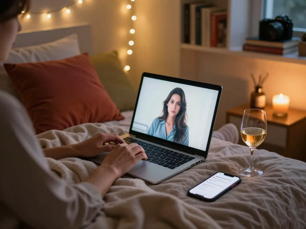 Engaging in a sex chat from a cozy bedroom, enhancing online intimacy with a warm atmosphere.